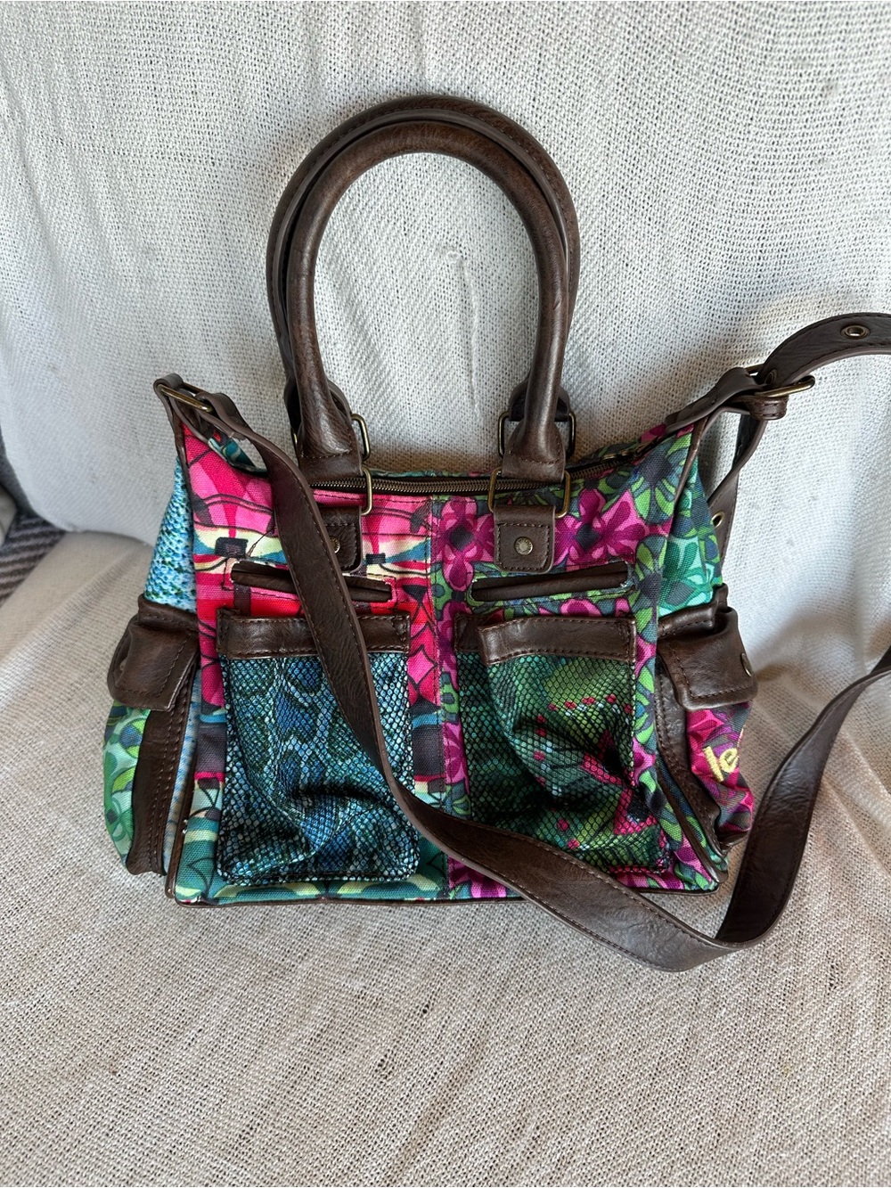 Vintage Desigual Floral Patchwork Shoulder Bag Multi Pocket Boho Satchel Purse - Picture 7 of 15